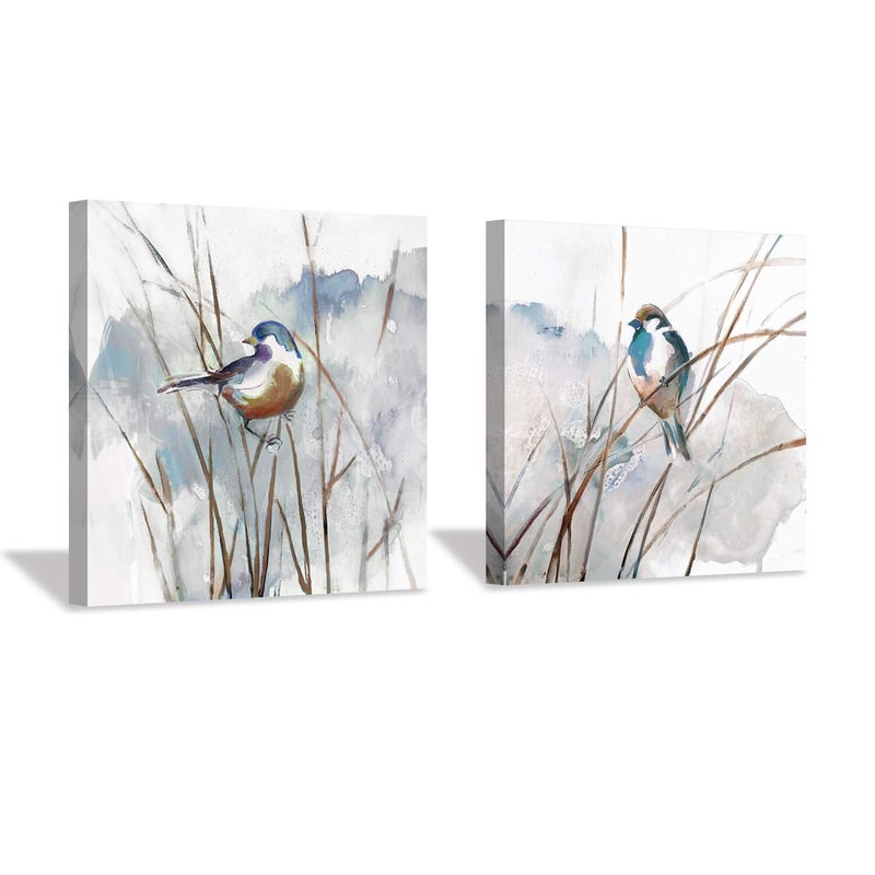 Hardy Gallery Abstract Picture Bird Wall Art: Animal Birds on Reed Watercolor Artwork Prints on Canvas for Bedroom (12â€ x 12â€ x 2 Panels) - Image 1